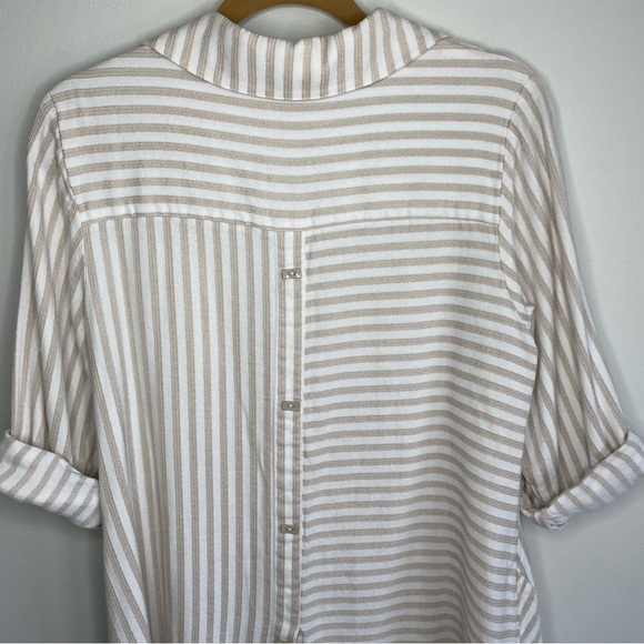Soft Surroundings Tan & White Striped Button Down Long Sleeve Standout Tunic Top - Picture 5 of 8